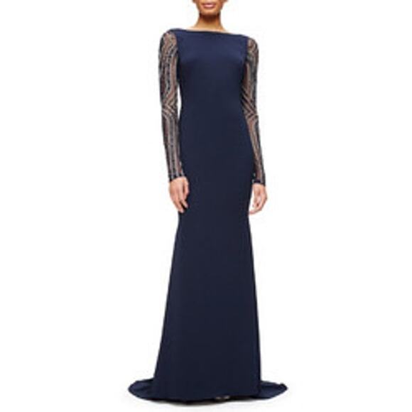 Badgley Mischka Navy Blue Beaded Long Sleeve Bateau Neck Train Gown Size 12 - Picture 2 of 16